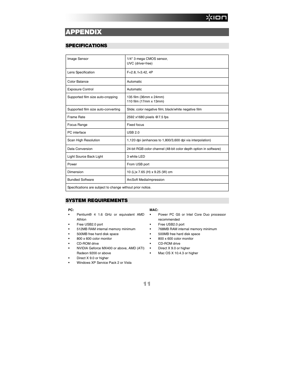 Appendix, Specifications, System requirements | ION FILM 2 PC User Manual | Page 11 / 64