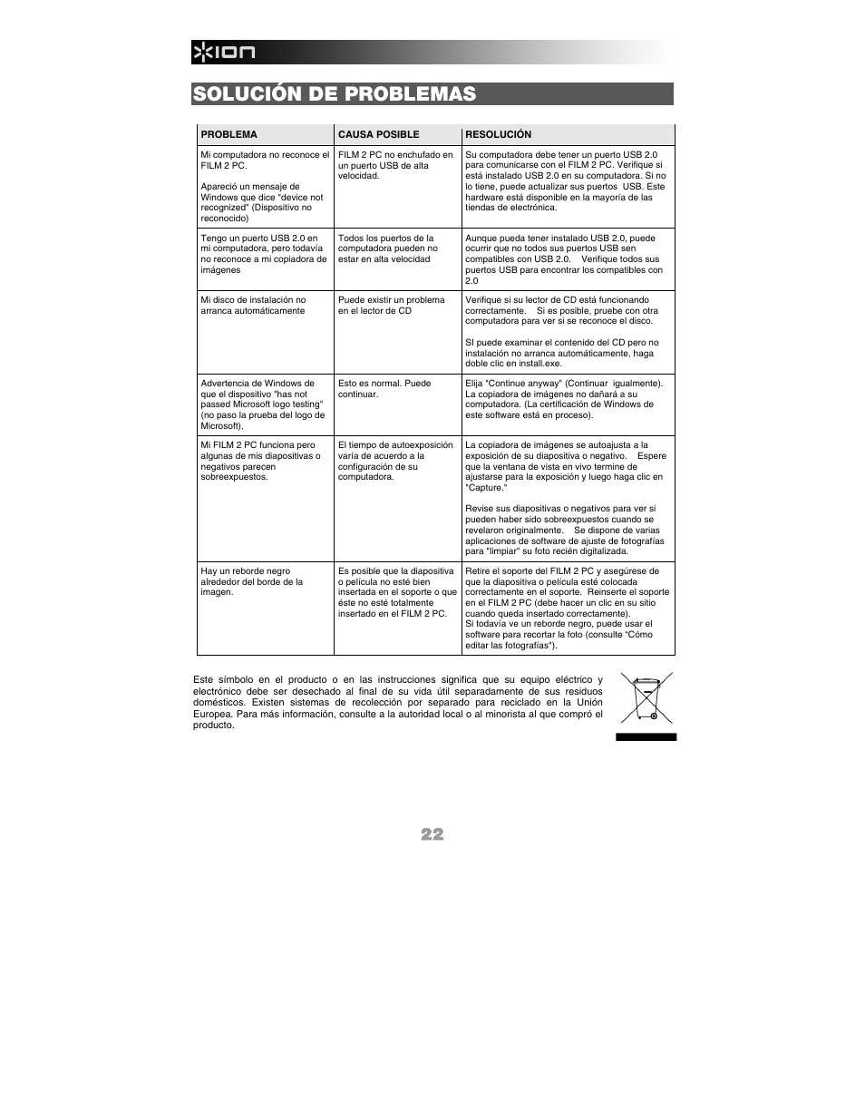 Solución de problemas | ION FILM 2 PC User Manual | Page 22 / 64