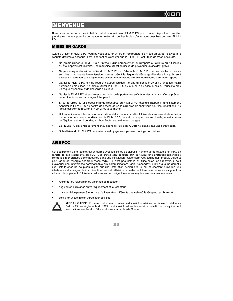 Français, Bienvenue, Mises en garde | Avis fcc | ION FILM 2 PC User Manual | Page 23 / 64