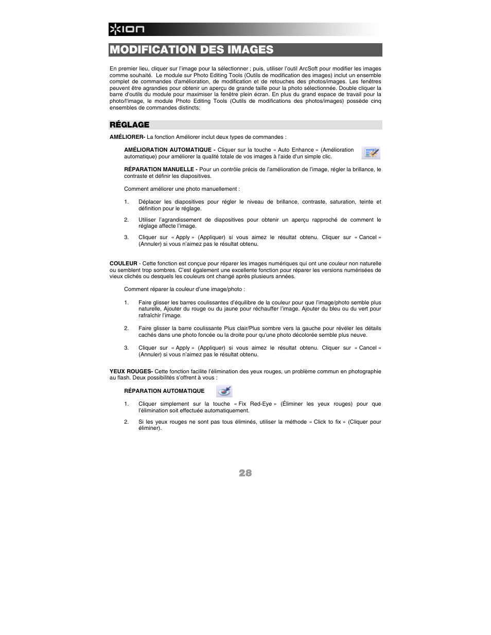 Modification des images, Réglage | ION FILM 2 PC User Manual | Page 28 / 64