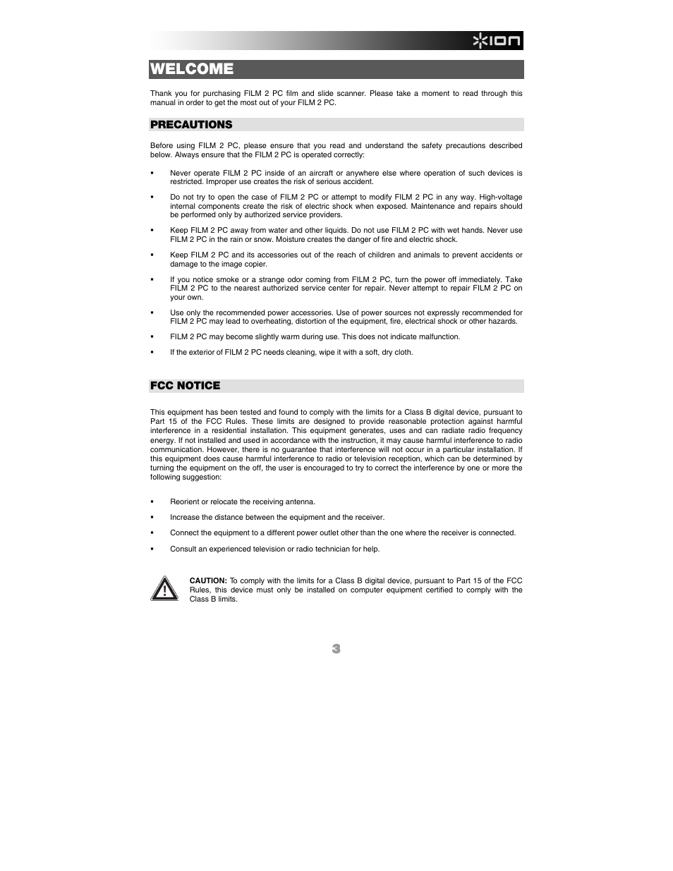 English, Welcome, Precautions | Fcc notice | ION FILM 2 PC User Manual | Page 3 / 64