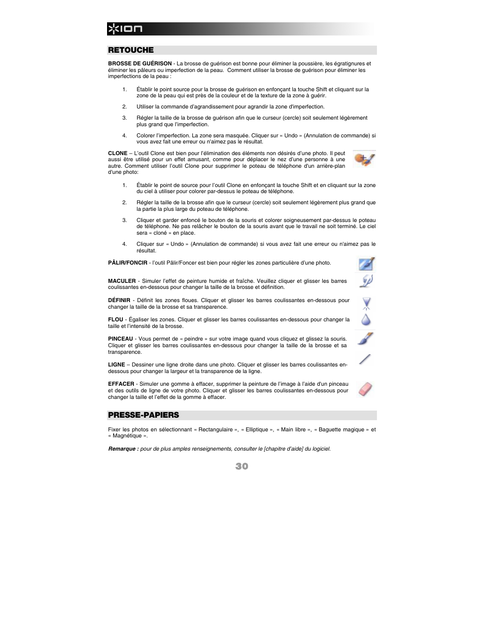 Retouche, Presse-papiers | ION FILM 2 PC User Manual | Page 30 / 64