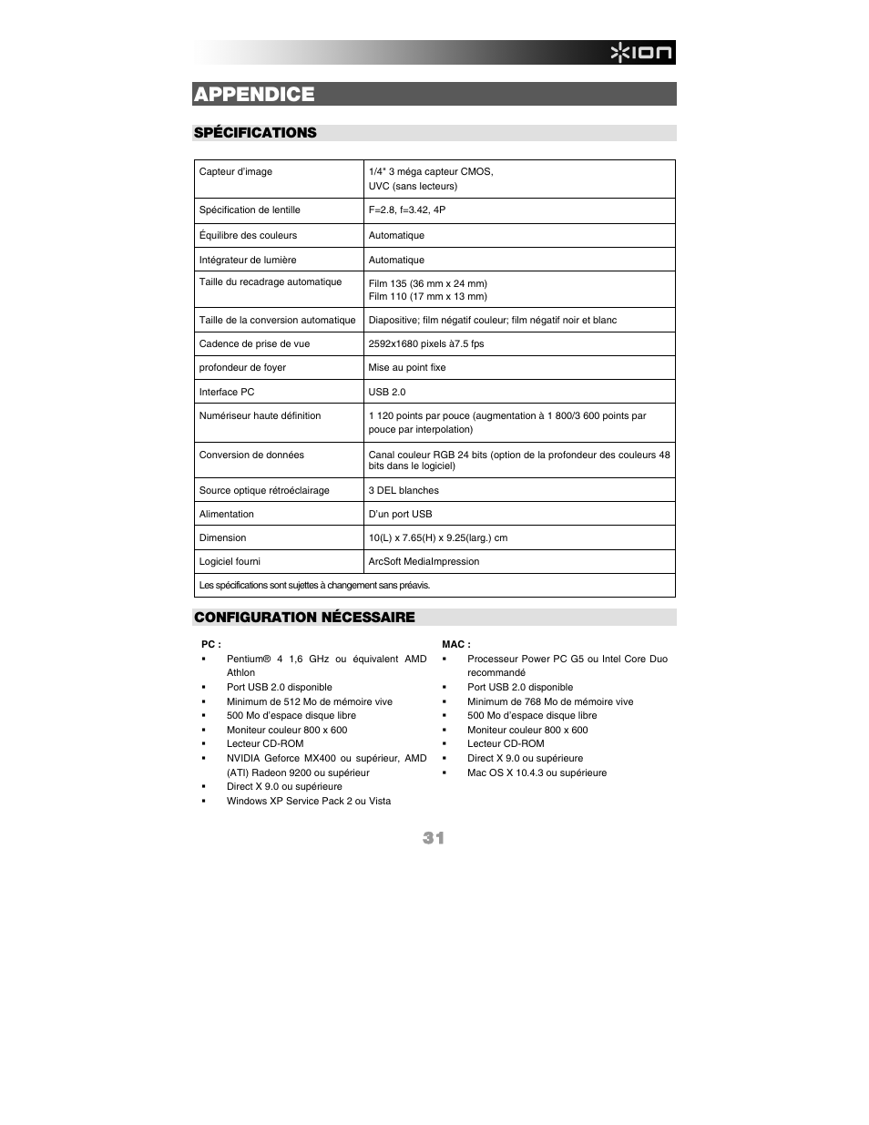 Appendice, Spécifications, Configuration nécessaire | ION FILM 2 PC User Manual | Page 31 / 64