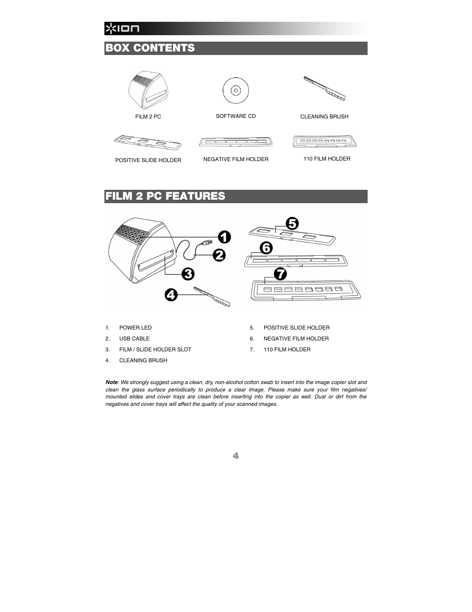 Box contents, Film 2 pc features | ION FILM 2 PC User Manual | Page 4 / 64