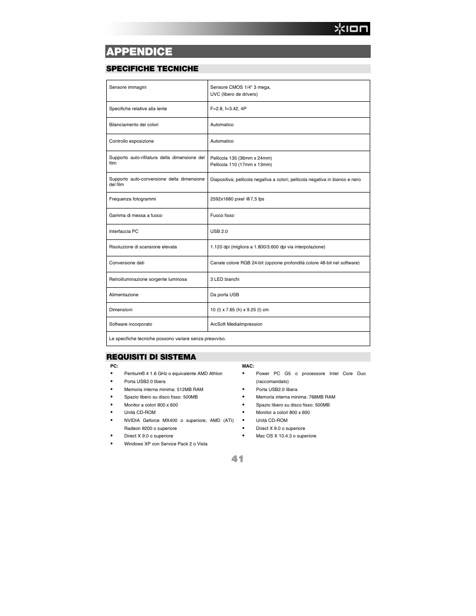 Appendice, Specifiche tecniche, Requisiti di sistema | ION FILM 2 PC User Manual | Page 41 / 64