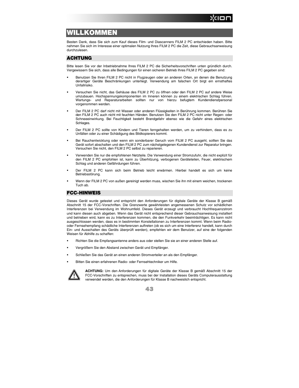 Deutsch, Willkommen, Achtung | Fcc-hinweis | ION FILM 2 PC User Manual | Page 43 / 64