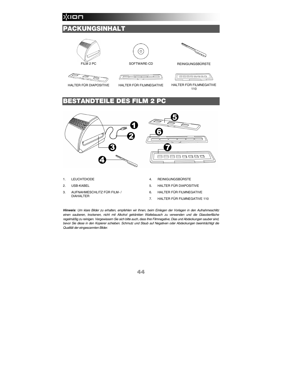 Packungsinhalt, Bestandteile des film 2 pc | ION FILM 2 PC User Manual | Page 44 / 64