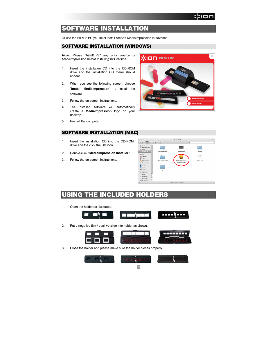 Software installation, Using the included holders, Software installation (windows) | Software installation (mac) | ION FILM 2 PC User Manual | Page 5 / 64