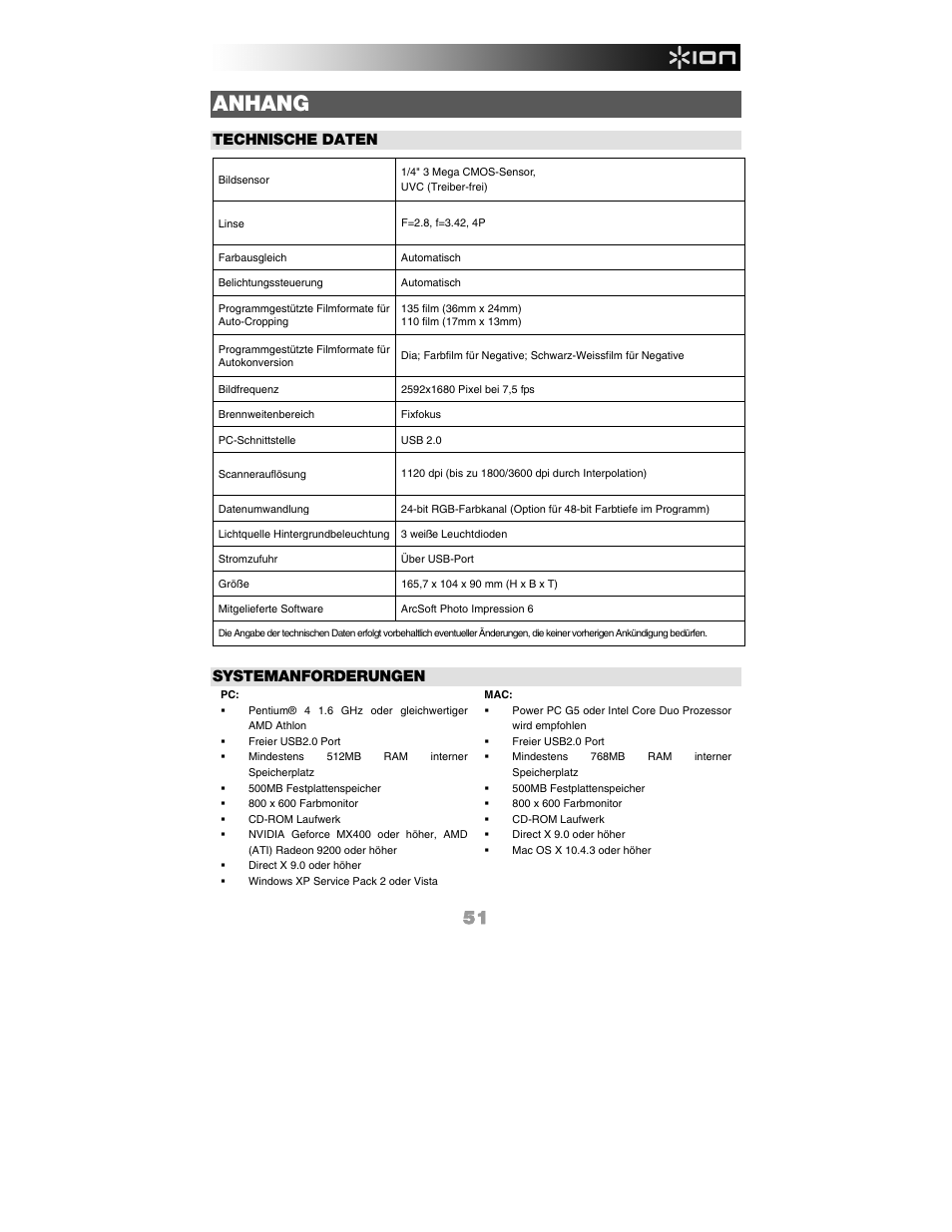 Anhang, Technische daten, Systemanforderungen | ION FILM 2 PC User Manual | Page 51 / 64