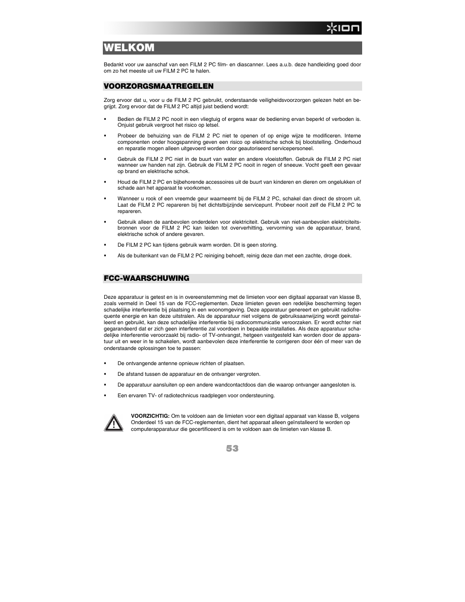 Nederlands, Welkom, Voorzorgsmaatregelen | Fcc-waarschuwing | ION FILM 2 PC User Manual | Page 53 / 64