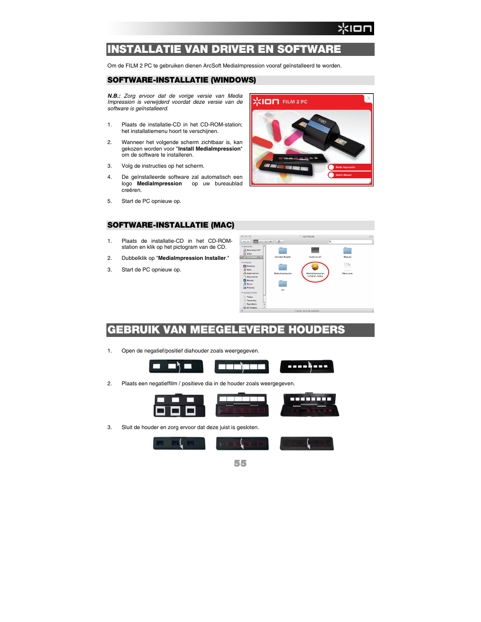 Installatie van driver en software, Gebruik van meegeleverde houders, Software-installatie (windows) | Software-installatie (mac) | ION FILM 2 PC User Manual | Page 55 / 64