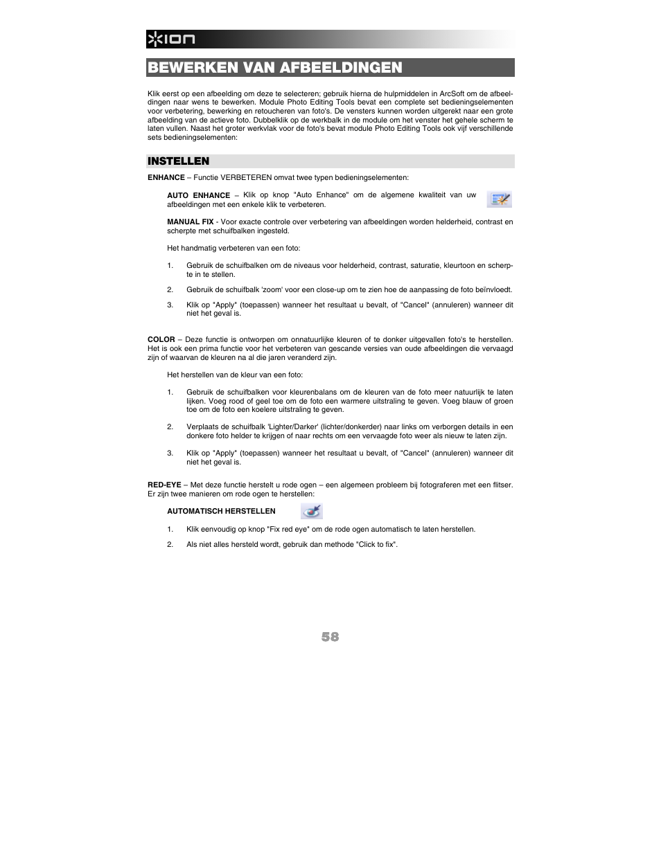 Bewerken van afbeeldingen, Instellen | ION FILM 2 PC User Manual | Page 58 / 64