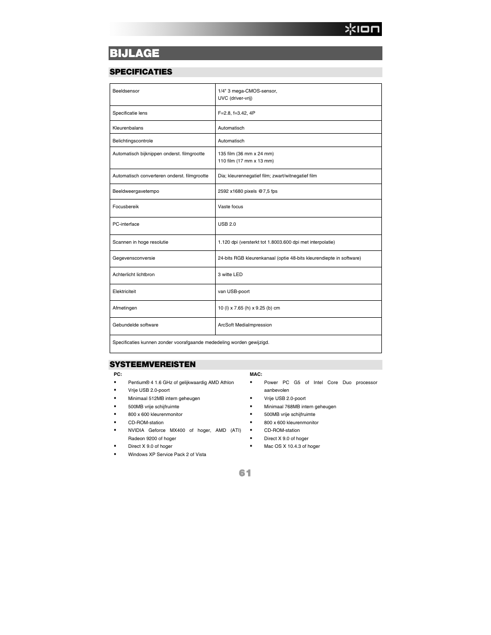 Bijlage, Specificaties, Systeemvereisten | ION FILM 2 PC User Manual | Page 61 / 64