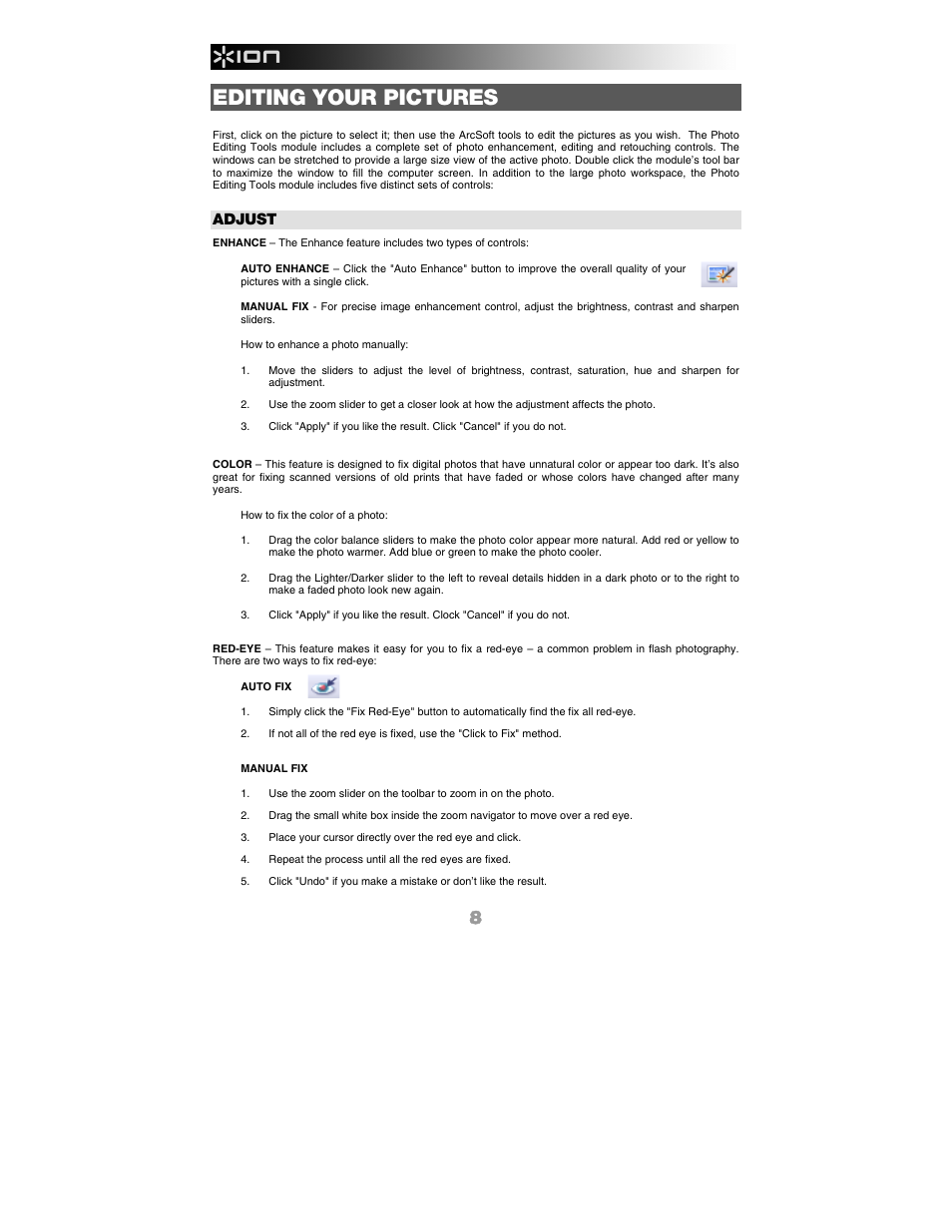 Editing your pictures, Adjust | ION FILM 2 PC User Manual | Page 8 / 64