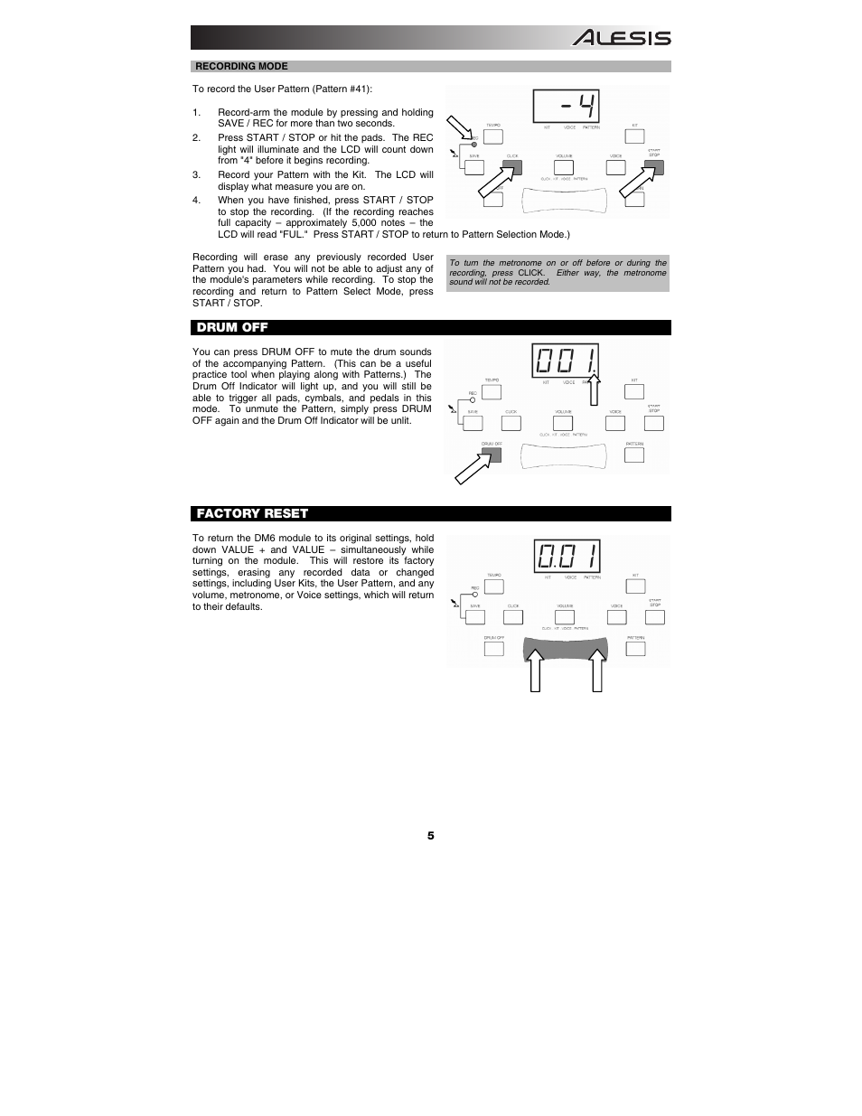 Recording mode, Drum off, Factory reset | ALESIS DM6 User Manual | Page 7 / 12