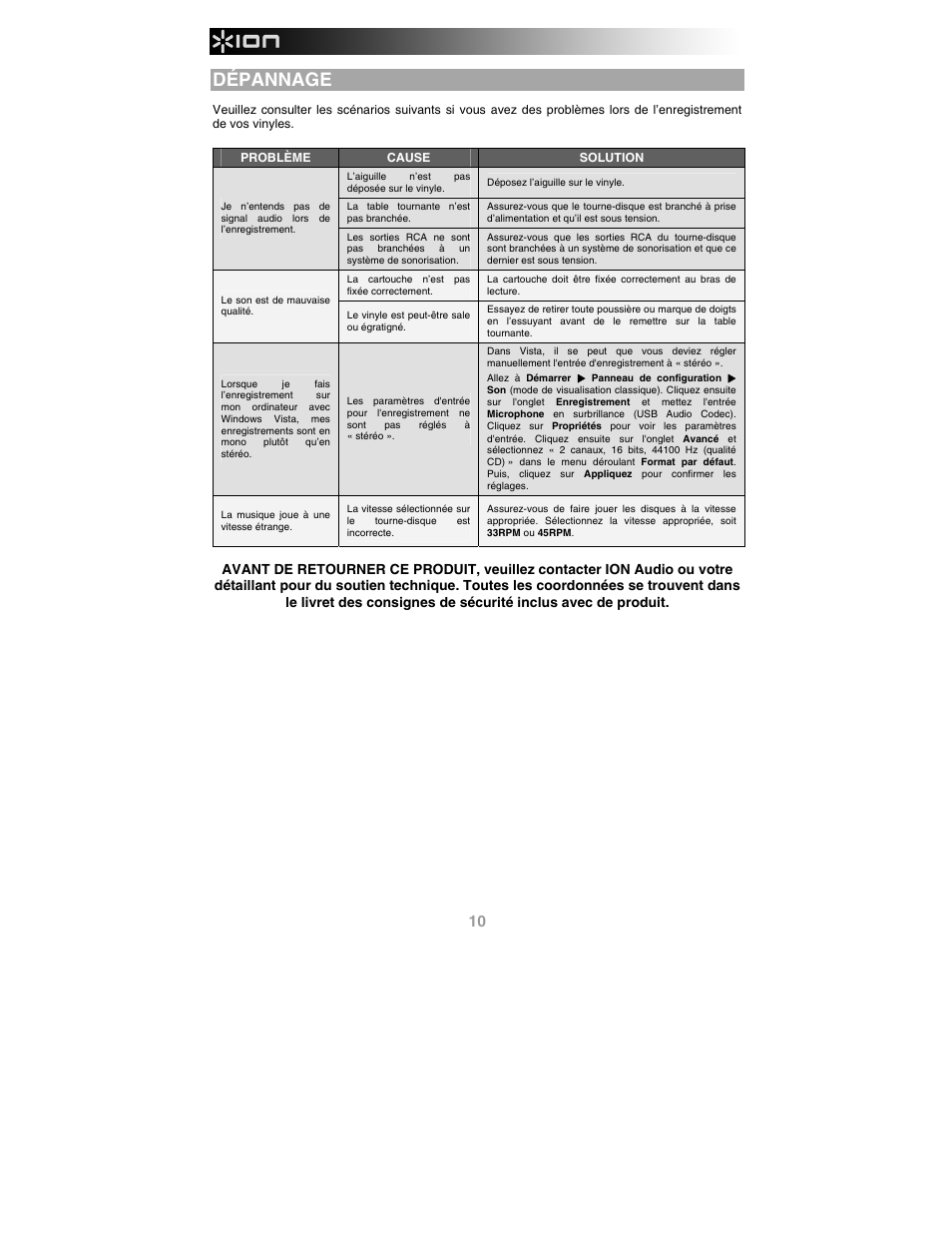 Dépannage | ION Audio Profile LP User Manual | Page 10 / 20