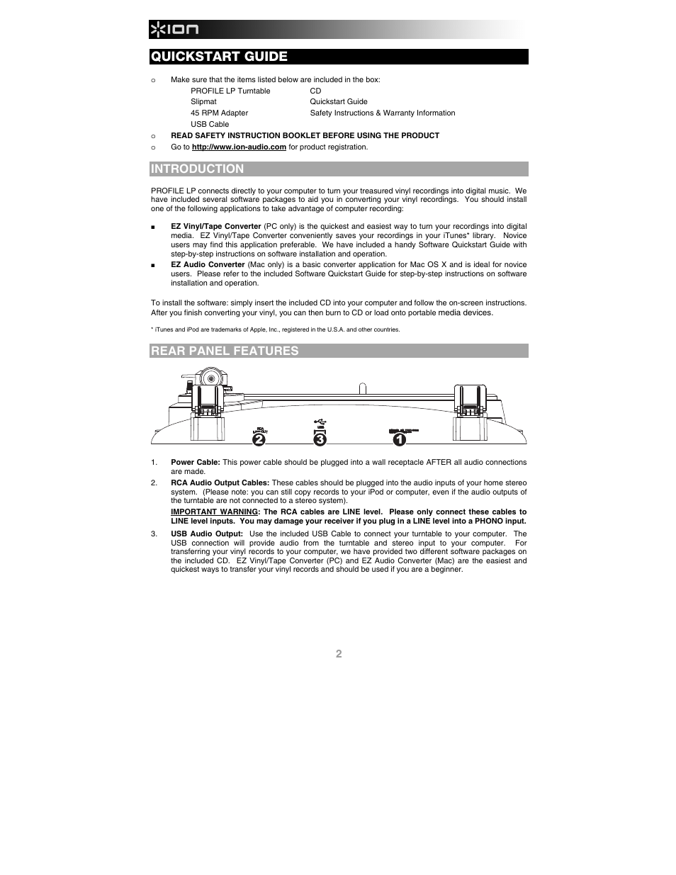 English, Introduction, Rear panel features | Quickstart guide | ION Audio Profile LP User Manual | Page 2 / 20