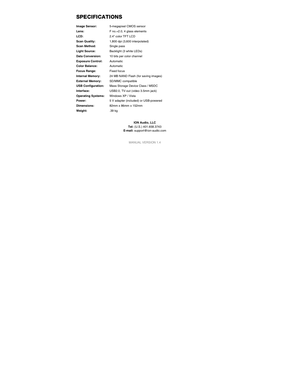 Specifications | ION Audio Film 2 SD (Black) User Manual | Page 39 / 40
