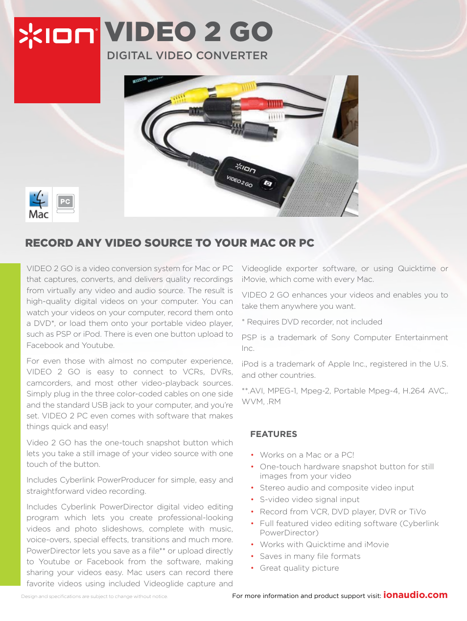 ION VIDEO 2 GO User Manual | 1 page