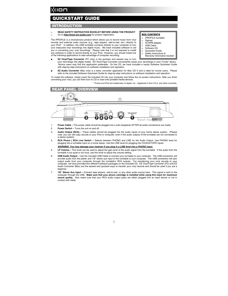 English, Introduction, Box contents | Rear panel overview, Quickstart guide | ION Audio iProfile User Manual | Page 2 / 32