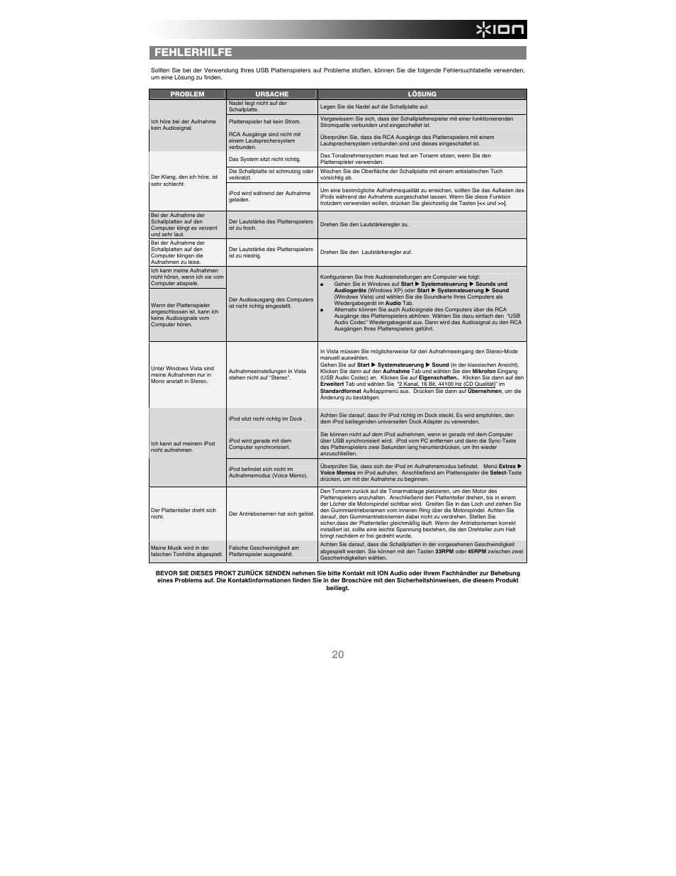 Fehlerhilfe | ION Audio iProfile User Manual | Page 21 / 32
