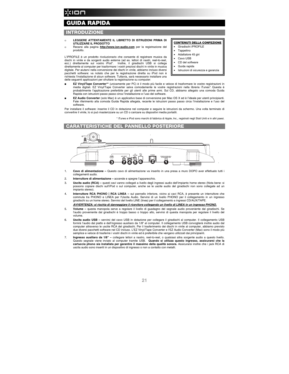 Italiano, Introduzione, Contenuti della confezione | Caratteristiche del pannello posteriore, Guida rapida | ION Audio iProfile User Manual | Page 22 / 32