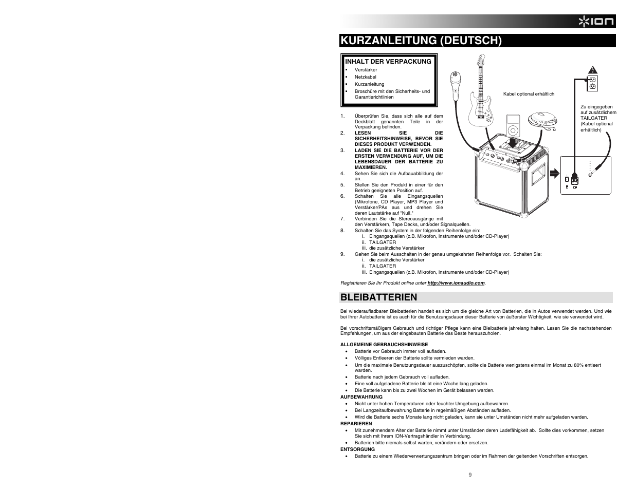 Kurzanleitung (deutsch), Bleibatterien | ION Tailgater User Manual | Page 11 / 20