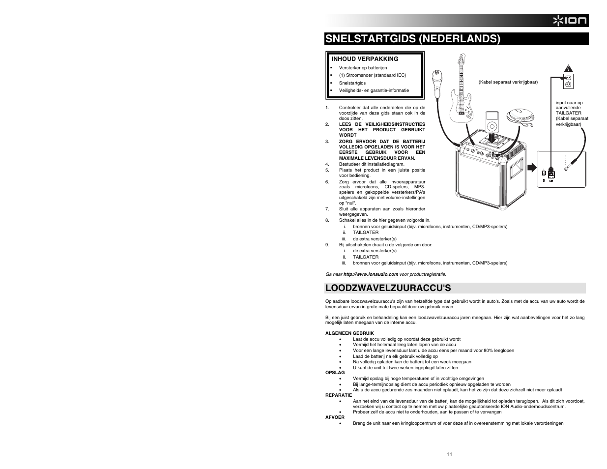 Snelstartgids (nederlands), Loodzwavelzuuraccu's | ION Tailgater User Manual | Page 13 / 20