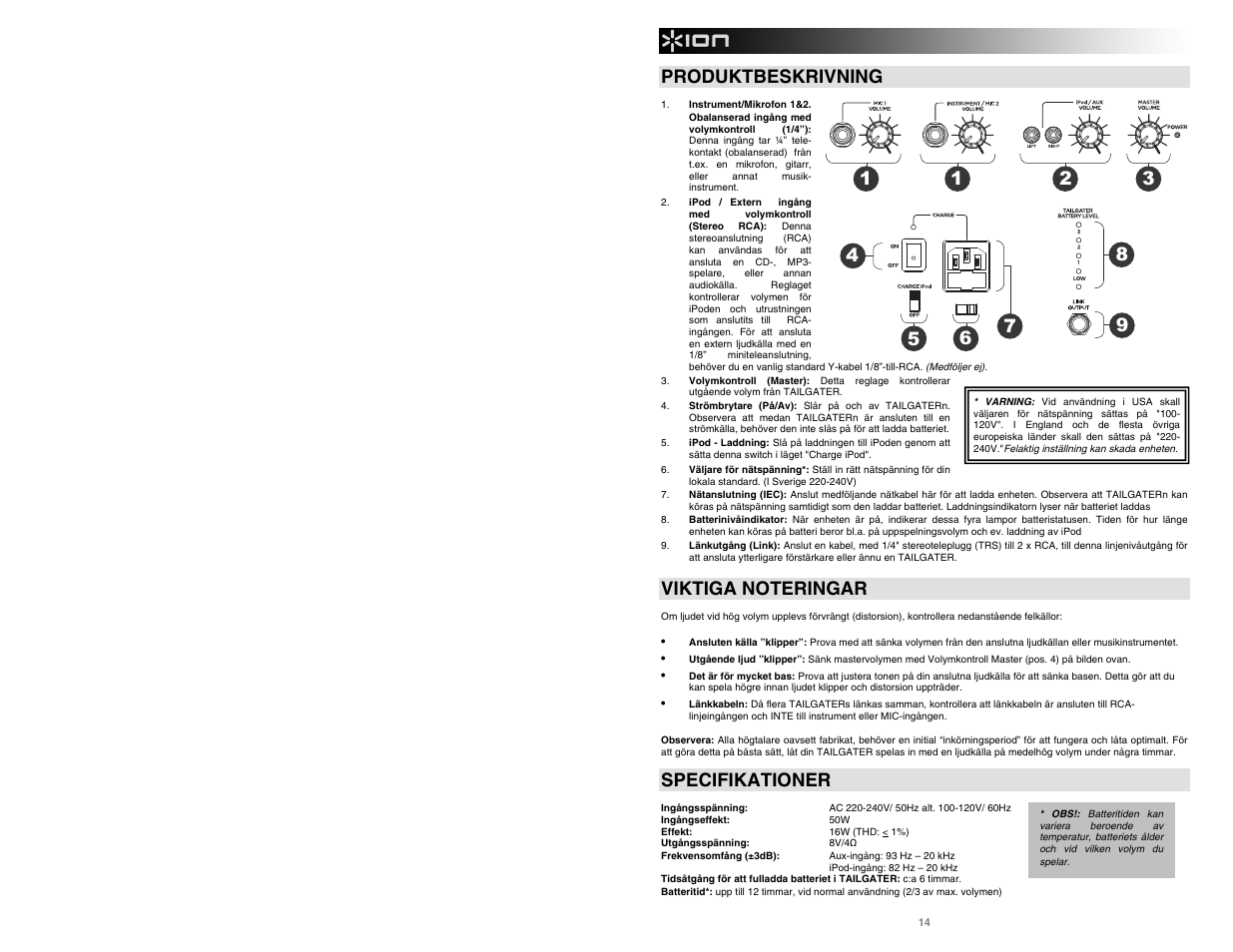 Produktbeskrivning, Specifikationer | ION Tailgater User Manual | Page 16 / 20