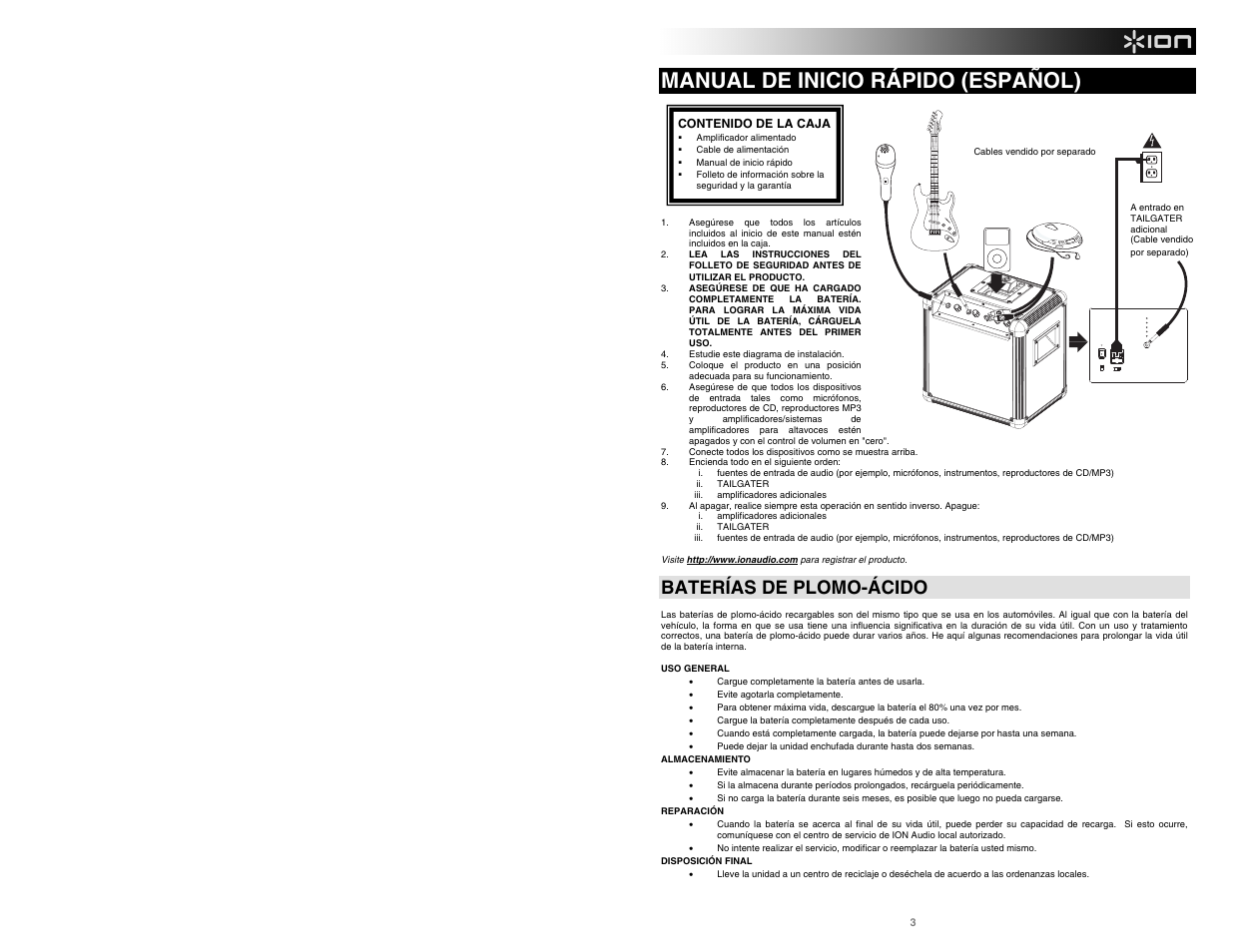 Manual de inicio rápido (español), Baterías de plomo-ácido | ION Tailgater User Manual | Page 5 / 20