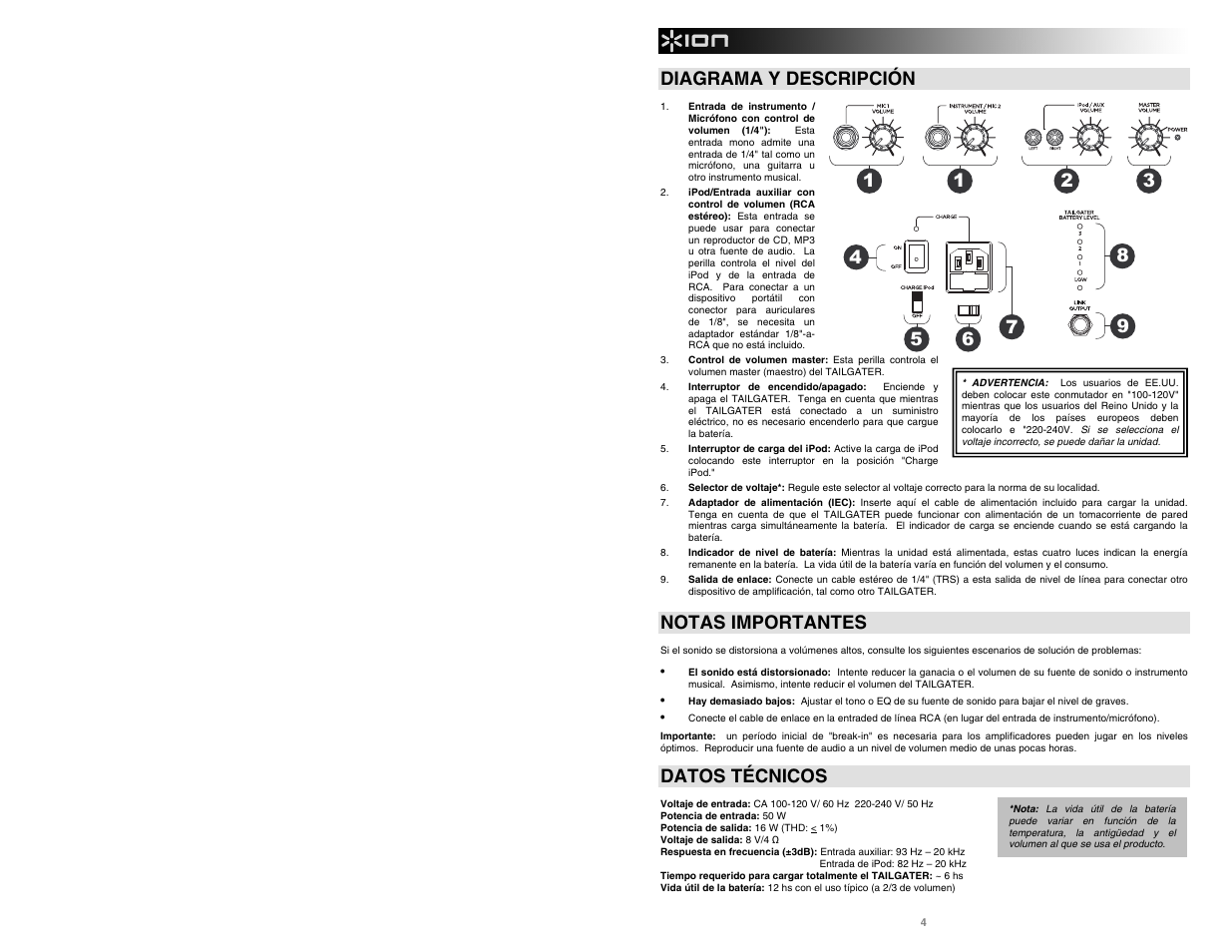 Diagrama y descripción, Notas importantes, Datos técnicos | ION Tailgater User Manual | Page 6 / 20