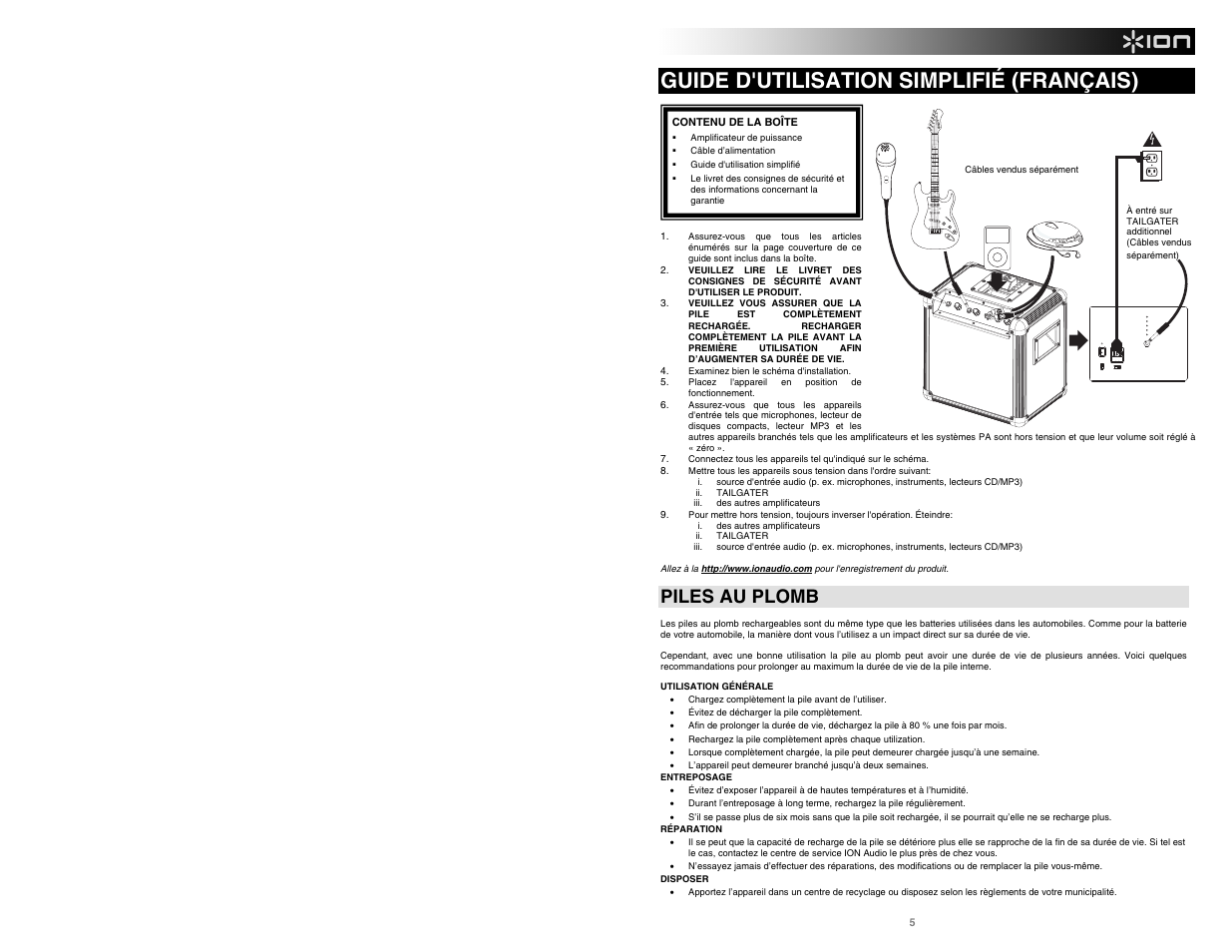 Guide d'utilisation simplifié (français), Piles au plomb | ION Tailgater User Manual | Page 7 / 20