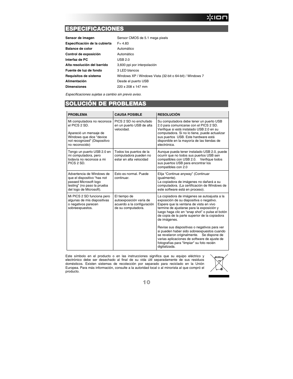 Especificaciones, Solución de problemas | ION PICS 2 SD User Manual | Page 11 / 32