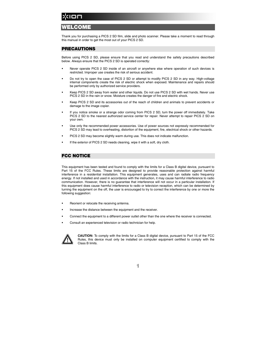Welcome, Precautions, Fcc notice | ION PICS 2 SD User Manual | Page 2 / 32