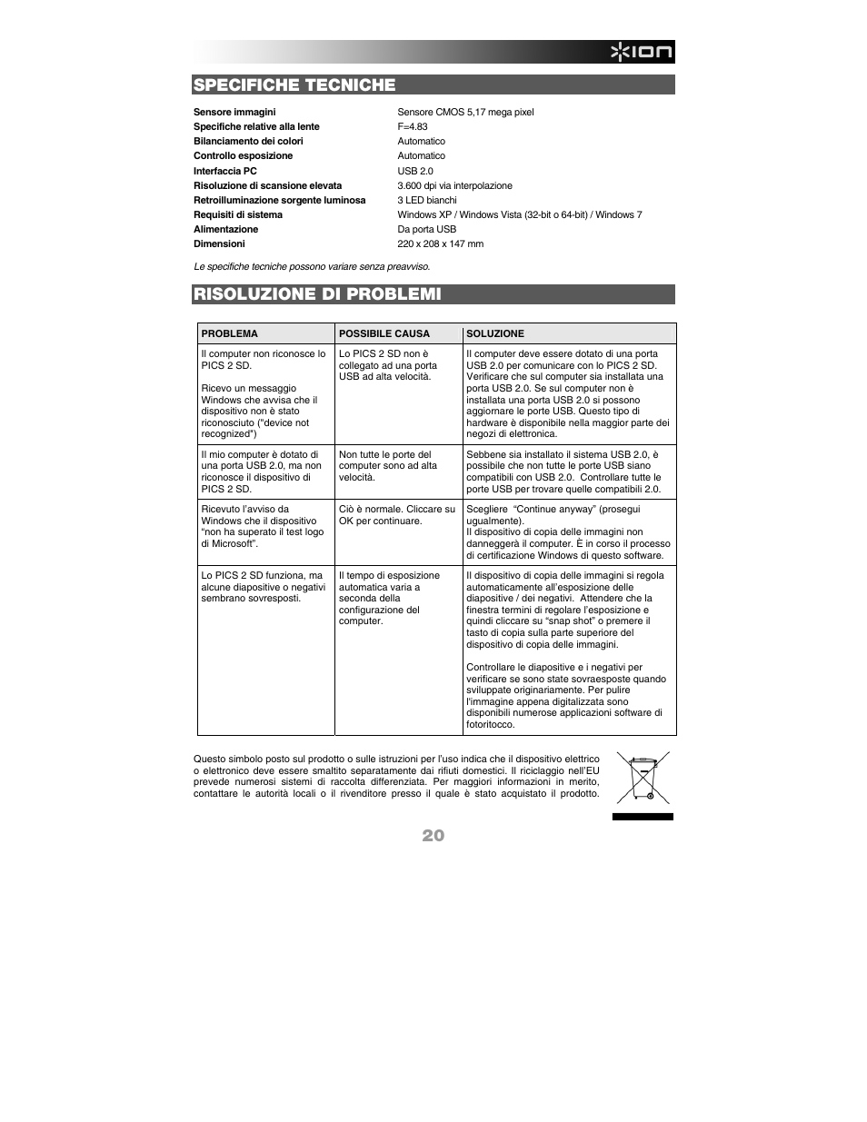Specifiche tecniche, Risoluzione di problemi | ION PICS 2 SD User Manual | Page 21 / 32