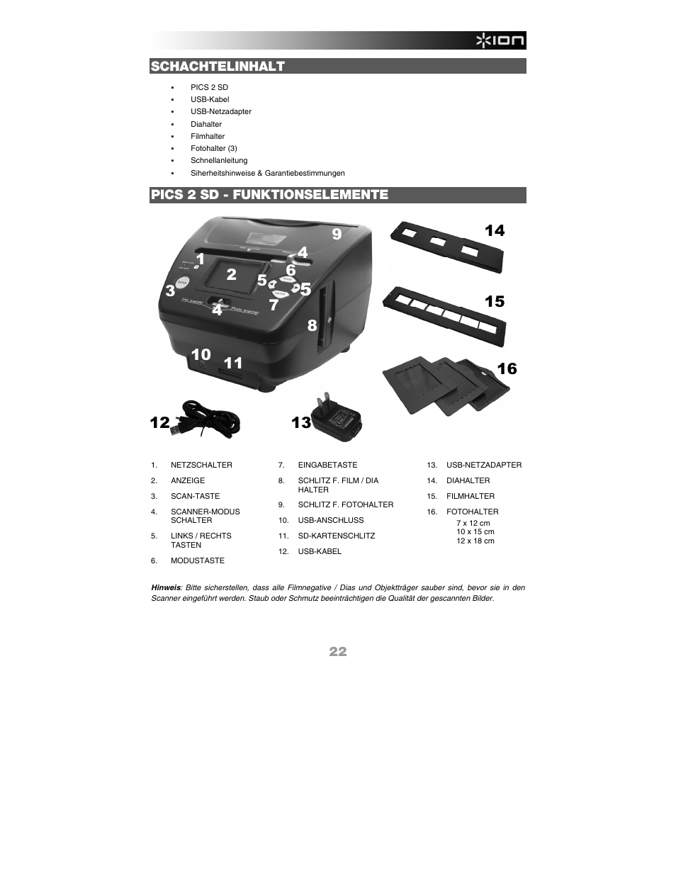 Schachtelinhalt, Pics 2 sd - funktionselemente | ION PICS 2 SD User Manual | Page 23 / 32