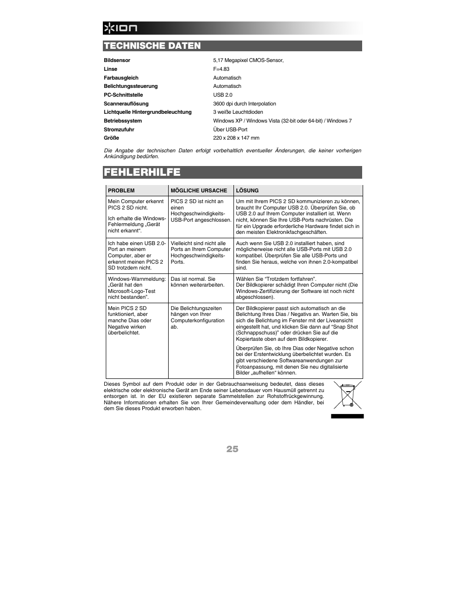 Fehlerhilfe, Technische daten | ION PICS 2 SD User Manual | Page 26 / 32