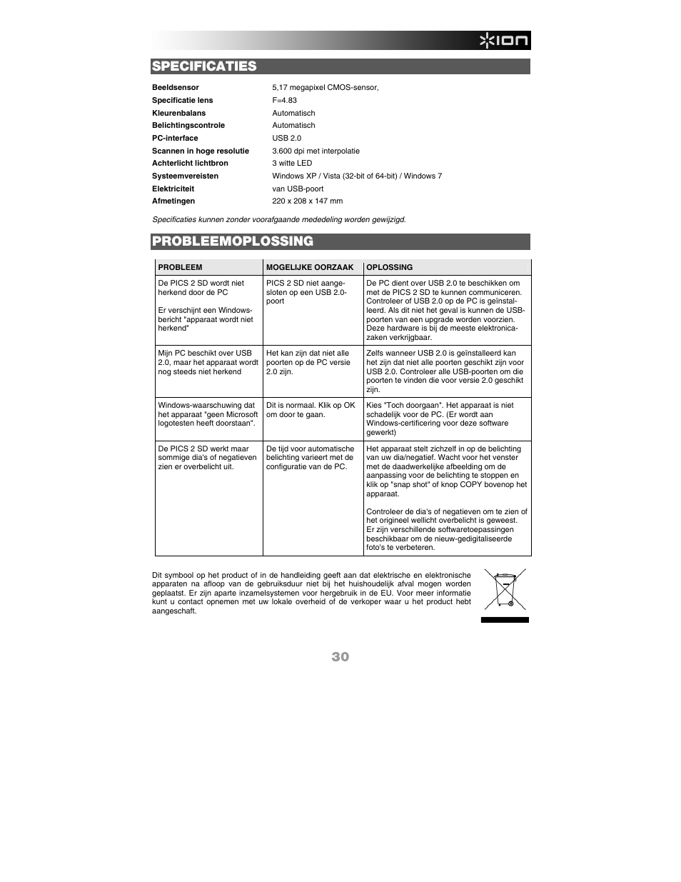 Specificaties, Probleemoplossing | ION PICS 2 SD User Manual | Page 31 / 32