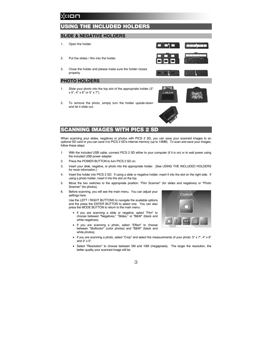 Using the included holders, Scanning images with pics 2 sd, Slide & negative holders | Photo holders | ION PICS 2 SD User Manual | Page 4 / 32