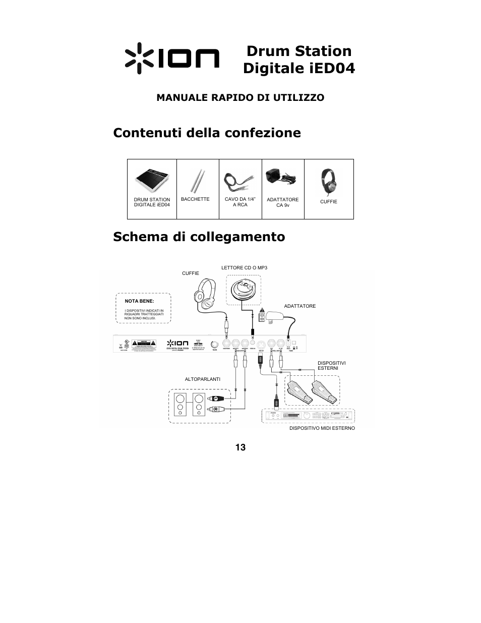 Drum station digitale ied04, Contenuti della confezione, Schema di collegamento | Manuale rapido di utilizzo | ION IED04 User Manual | Page 15 / 24