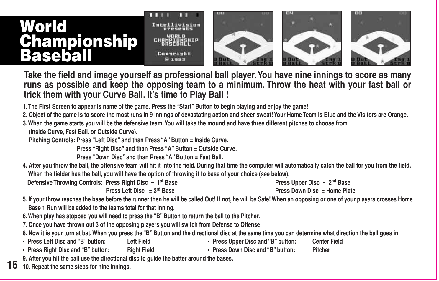 World championship baseball | Intellivision Productions 10400 User Manual | Page 18 / 36