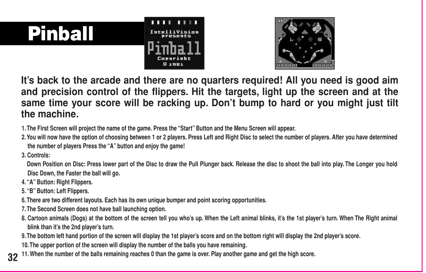 Pinball | Intellivision Productions 10400 User Manual | Page 34 / 36
