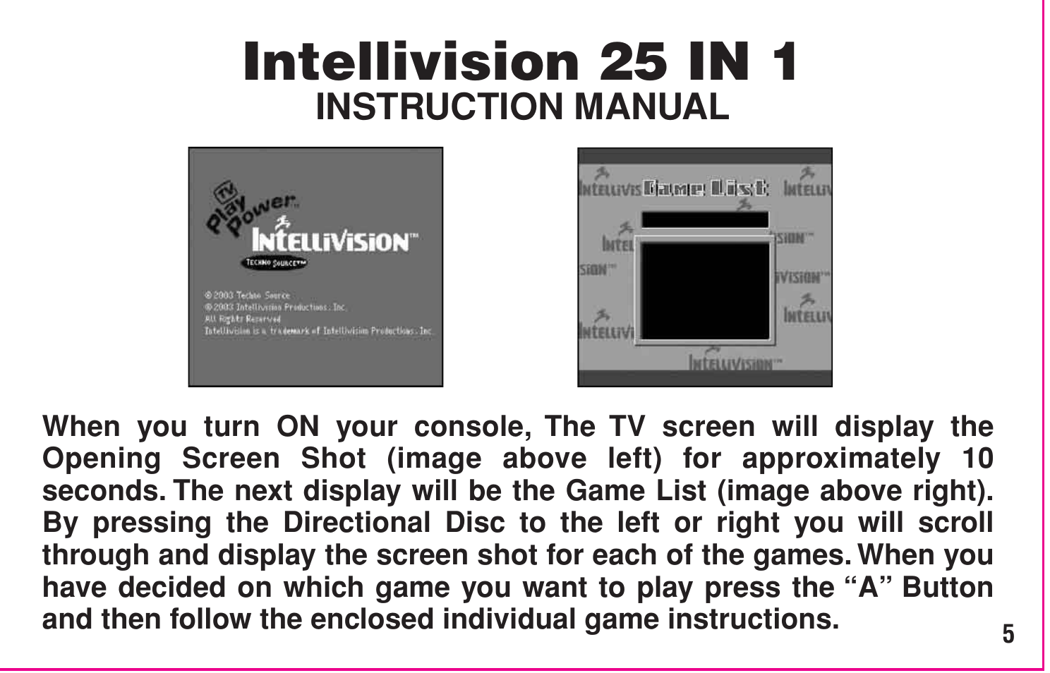 Intellivision 25 in 1 | Intellivision Productions 10400 User Manual | Page 7 / 36