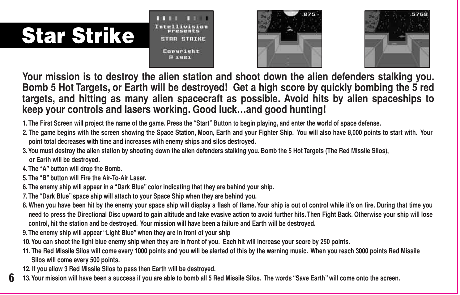 Star strike | Intellivision Productions 10400 User Manual | Page 8 / 36