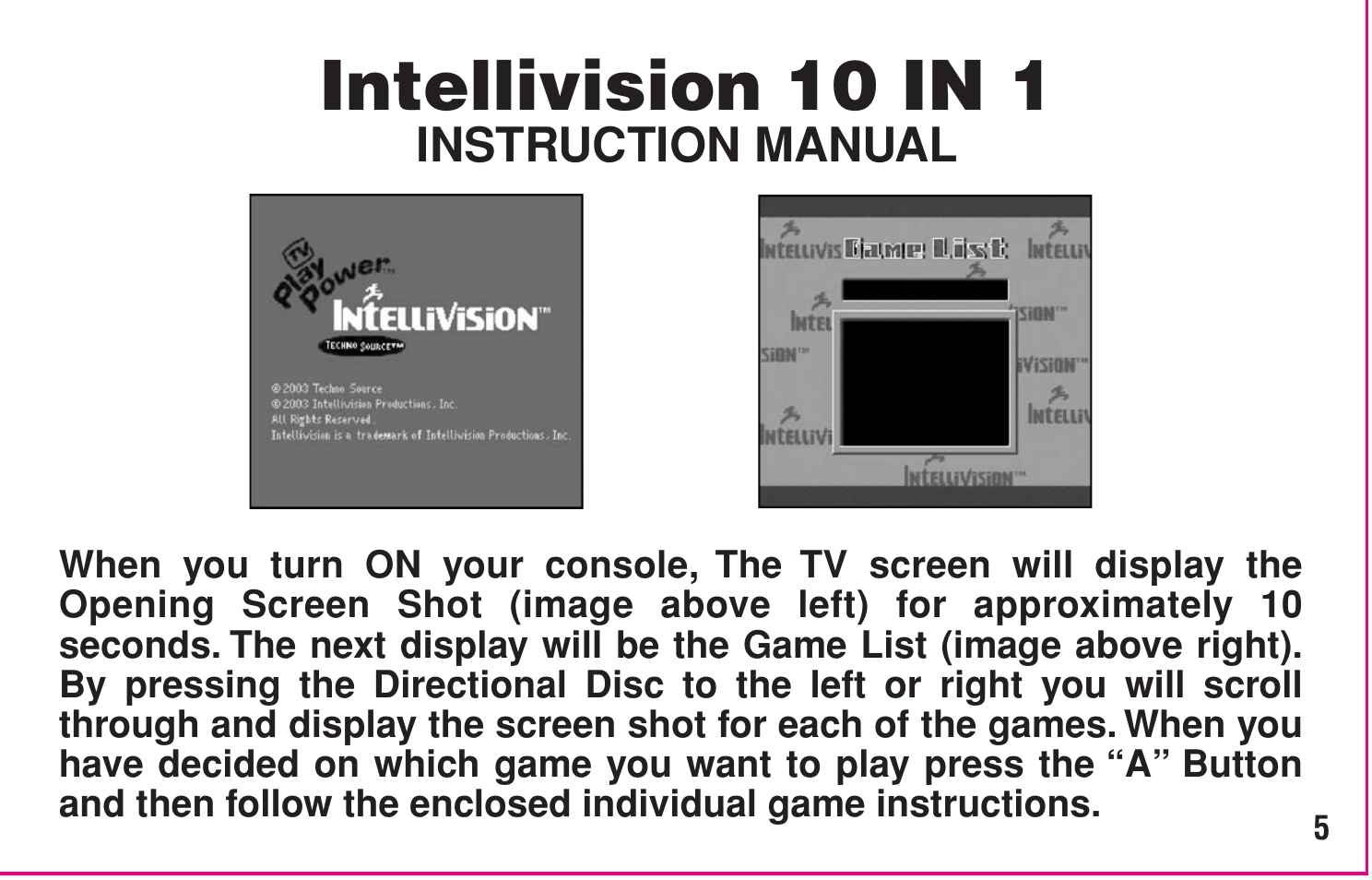 Intellivision 10 in 1 | Intellivision Productions 10Video User Manual | Page 7 / 20