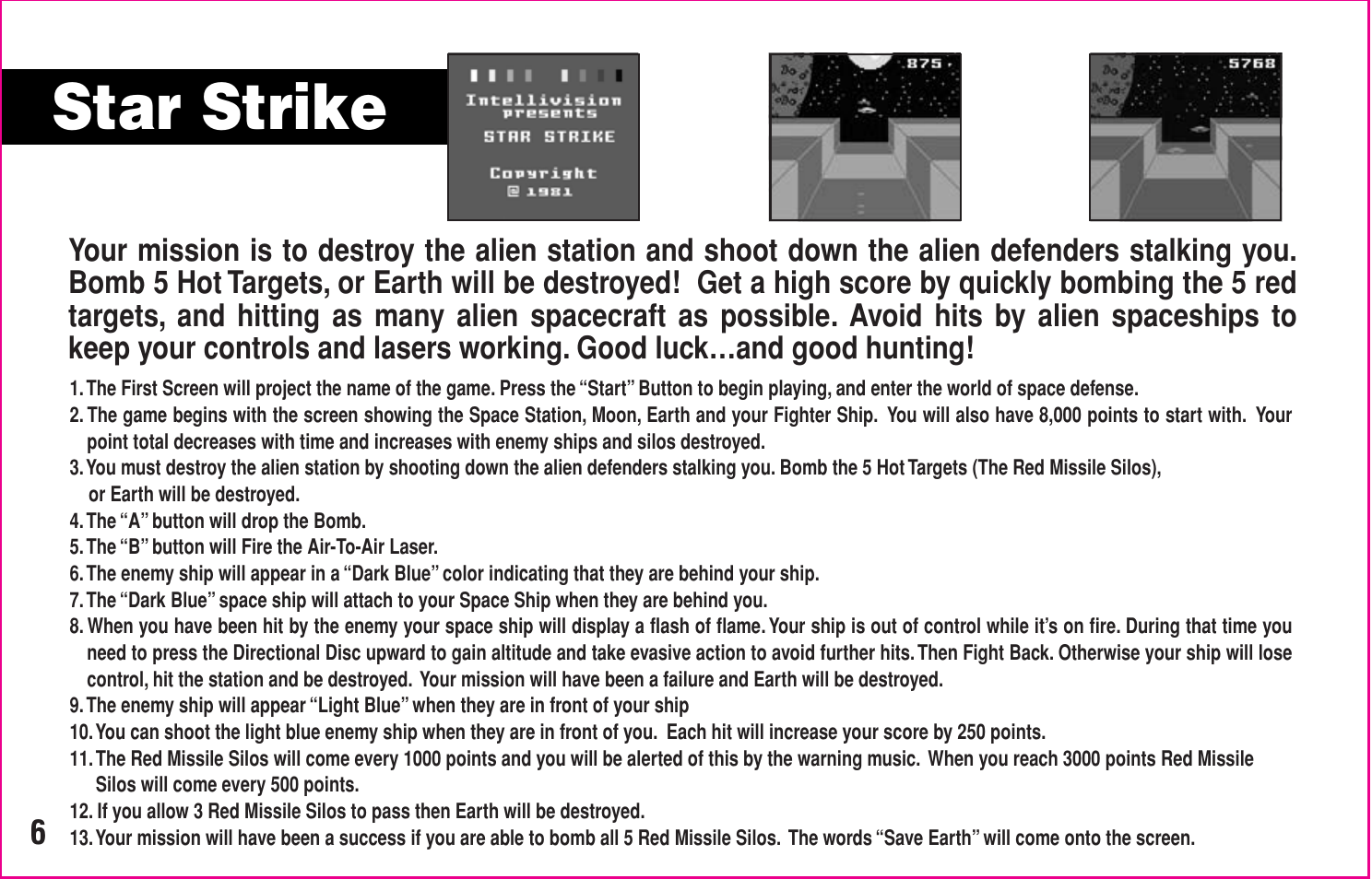 Star strike | Intellivision Productions 10Video User Manual | Page 8 / 20