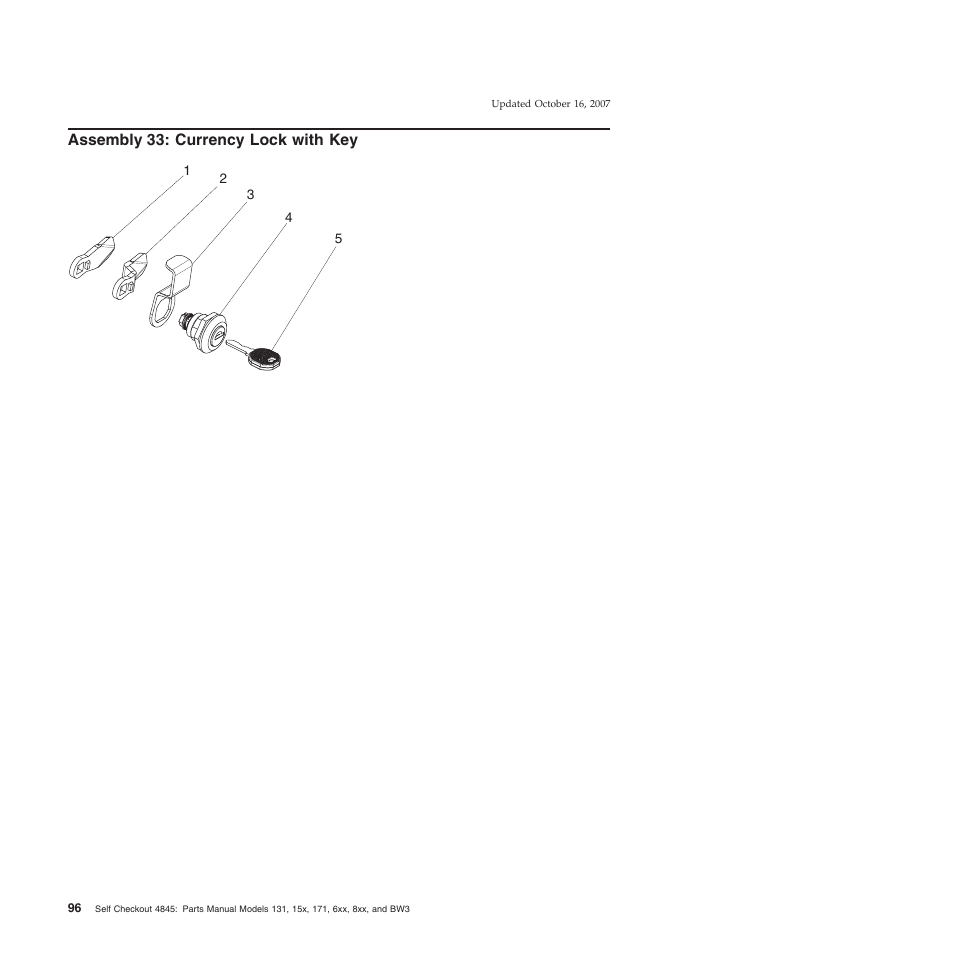 Assembly 33: currency lock with key, Assembly, Currency | Lock, With | IBM 8xx User Manual | Page 108 / 156