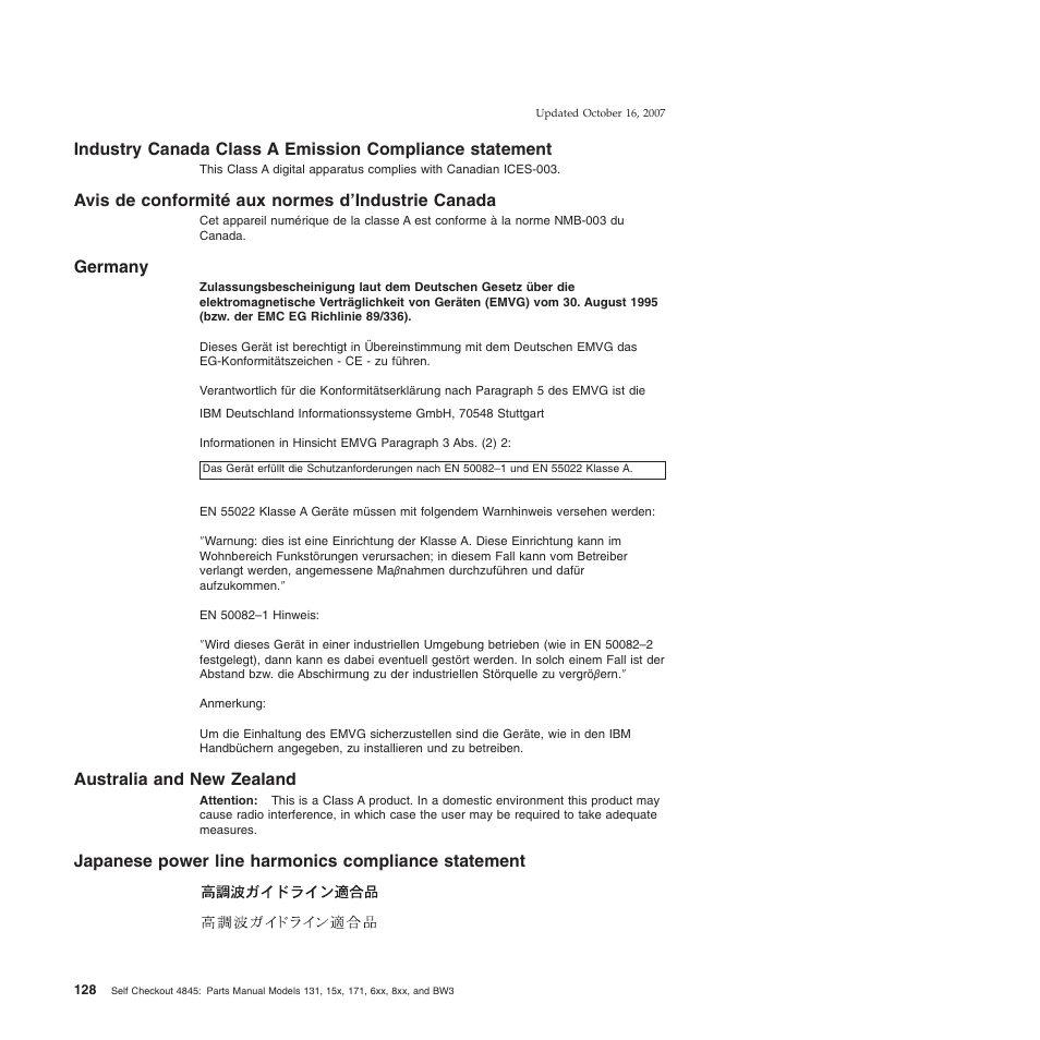 Avis de conformité aux normes d'industrie canada, Germany, Australia and new zealand | Japanese power line harmonics compliance statement, Industry, Canada, Class, Emission, Compliance, Statement | IBM 8xx User Manual | Page 140 / 156