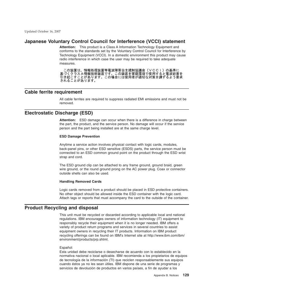 Cable ferrite requirement, Electrostatic discharge (esd), Product recycling and disposal | Japanese, Voluntary, Control, Council, Interference, Vcci), Statement | IBM 8xx User Manual | Page 141 / 156