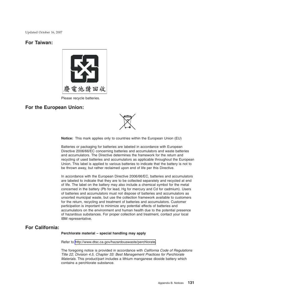 For taiwan, For the european union, For california | Taiwan, European, Union, California | IBM 8xx User Manual | Page 143 / 156